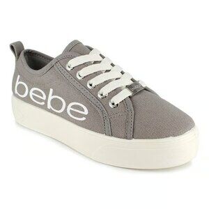 NEW 🦋  BEBE 🌸 Women's Light Gray Canvas White Logo Platform Sneakers Shoes 7 M